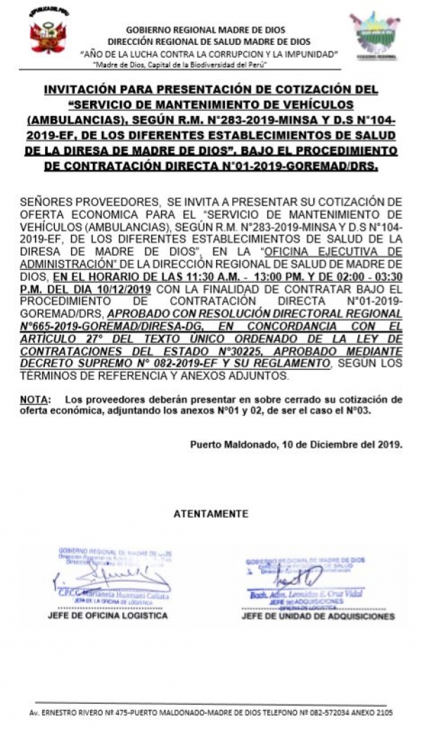 INVITACI&Oacute;N PARA PRESENTACI&Oacute;N DE COTIZACI&Oacute;N DEL - SERVICIO DE MANTENIMIENTO DE VEH&Iacute;CULOS (AMBULANCIAS) SEG&Uacute;N R.M. N&deg;283-2019-MINSA Y D.S. N&deg; 104-2019-EF, DE LOS DIFERENTES ESTABLECIMIENTOS DE SALUD DE LA DIRESA DE MADRE DE DIOS, BAJO EL PROCEDIMIENTO