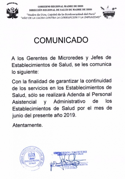 A los Gerentes de Microrredes y Jefes de Establecimientos de Salud, se les comunica lo siguiente:
