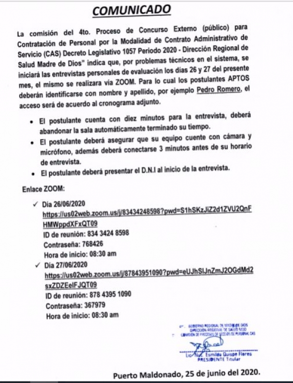 Comunicado N&deg; 02 -  4to. Convocatoria CAS