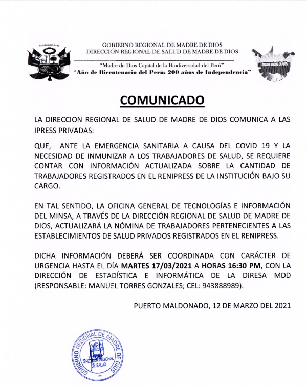 LA DIRECCI&Oacute;N REGIONAL DE SALUD DE MADRE DE DIOS COMUNICA A LAS IPRESS PRIVADAS: